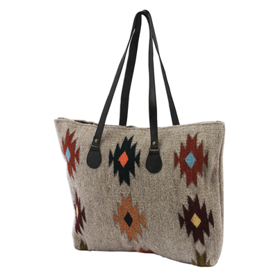 Beige with Earth-Color Geometric Motif Handwoven Wool Tote
