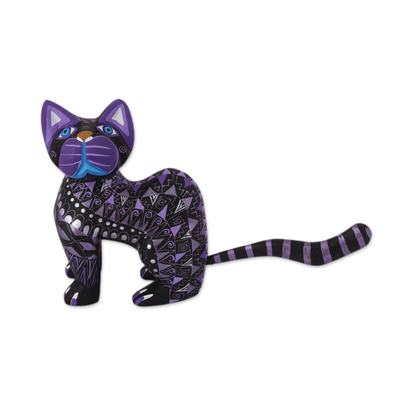Black Alebrije Cat Silver and Purple Hand Painted Motifs