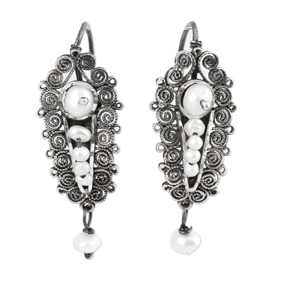 Swirl Motif Cultured Pearl Filigree Dangle Earrings