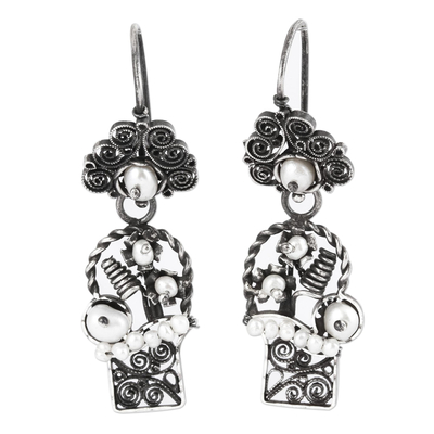 Floral Cultured Pearl Filigree Dangle Earrings from Mexico