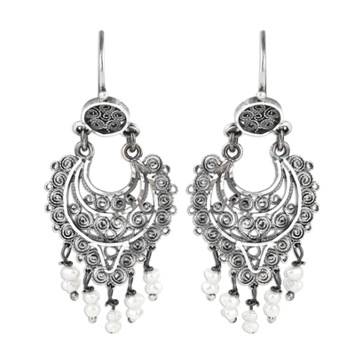 Cultured Pearl and Silver Filigree Dangle Earrings