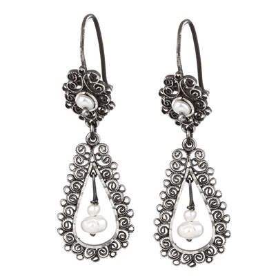 Drop-Shaped Pearl Filigree Dangle Earrings from Mexico