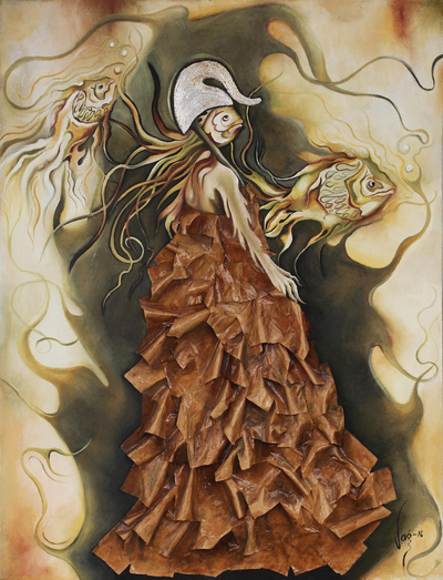 Oil and Papier Mache Painting of a Fish Woman from Mexico