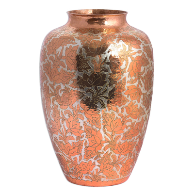 Handcrafted Floral Copper and Silver Vase from Mexico