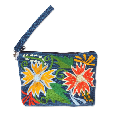 Floral Embroidered Cotton Cosmetic Bag from Mexico