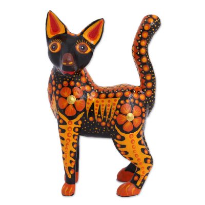 Wood Alebrije Cat Figurine in Orange from Mexico