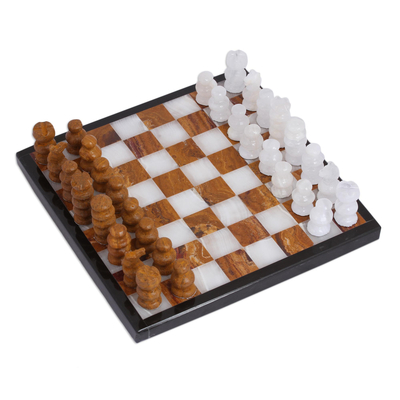 Onyx and Marble Mini Chess Set in Brown and Ivory