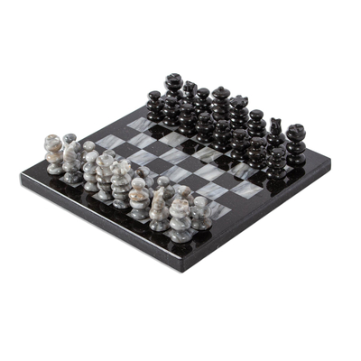 Marble Chess Set in Black and Grey from Mexico (7.5 in.)