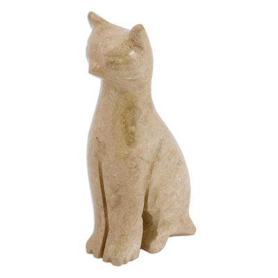 Marble Cat Sculpture in Beige from Mexico