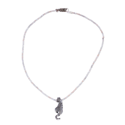 Chalcedony Cat Beaded Pendant Necklace from Mexico