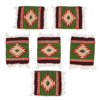 Zapotec Wool Coasters in Green from Mexico (Set of 6)