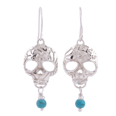 Taxco Skull Turquoise and Pearl Dangle Earrings from Mexico