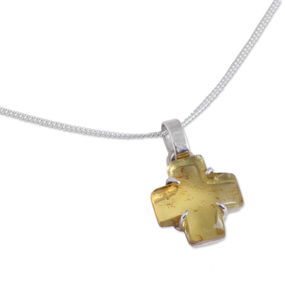 Natural Amber Cross Pendant Necklace from Mexico