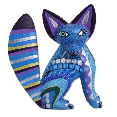 Handcrafted Wood Alebrije Fox Sculpture in Blue from Mexico