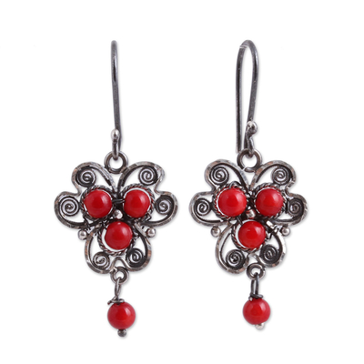 Sterling Silver Filigree Dangle Earrings with Red Glass Bead