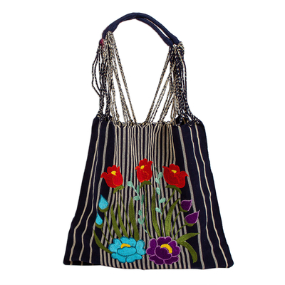 Striped Floral Cotton Tote in Navy from Mexico