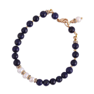 Gold Accent Cultured Pearl and Lapis Beaded Pendant Bracelet