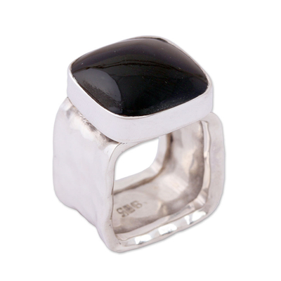 Obsidian Cocktail Ring with a Hammered Band from Mexico