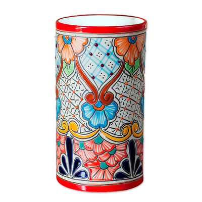 Talavera Style Red Rim Colorful Floral Motif Ceramic Vase