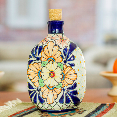 Oval Floral Motif Talavera Style Ceramic Tequila Decanter