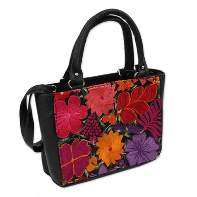Floral Cotton Accent Leather Handbag from Mexico