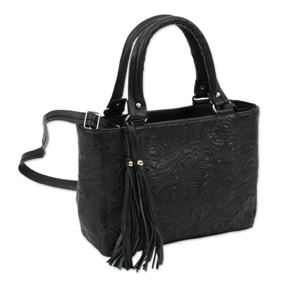 Floral Embossed Leather Shoulder Bag in Black from Mexico