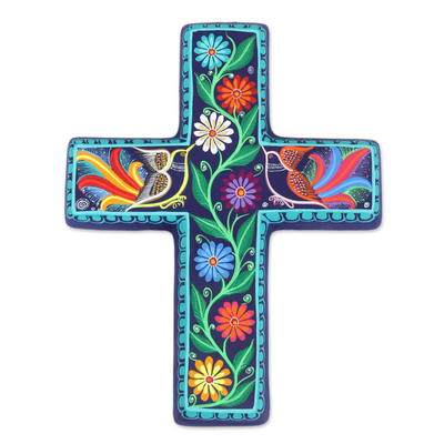 Floral and Bird-Themed Ceramic Wall Cross from Mexico