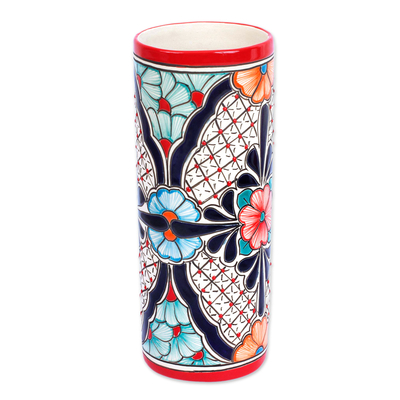 Handmade Floral Talavaera Ceramic Vase from Mexico
