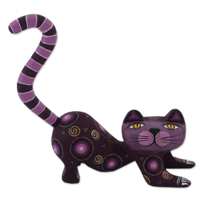 Handcrafted Purple Wood Alebrije Playful Cat Figurine