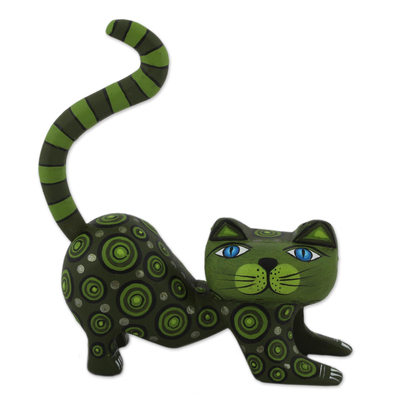 Handcrafted Green Wood Alebrije Playful Cat Figurine