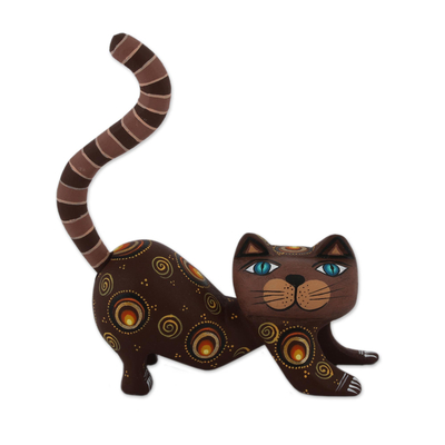 Handcrafted Brown Wood Alebrije Playful Cat Figurine