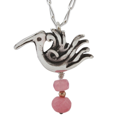 Pink Agate Bird Pendant Necklace from Mexico
