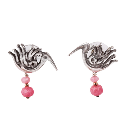 Pink Agate Bird Dangle Earrings from Mexico