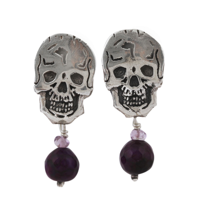 Agate and Amethyst Skull Dangle Earrings from Mexico