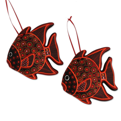 Hand-Painted Ceramic Fish Ornaments in Red (Pair)