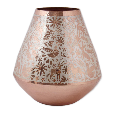 Animal Motif Silver Accented Copper Vase from Mexico