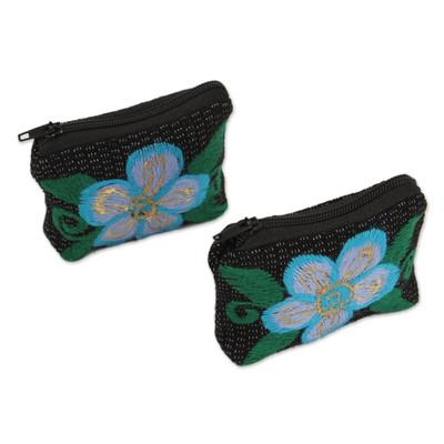 Floral Embroidered Cotton Coin Purses from Mexico (Pair)