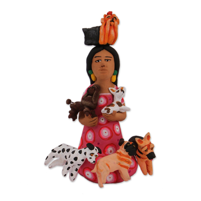 Hand-Painted Ceramic Sculpture of a Woman with Dogs