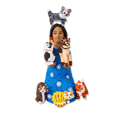 Hand-Painted Ceramic Sculpture of a Woman with Cats