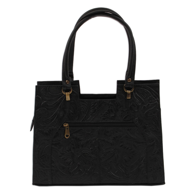 Handcrafted Black Embossed Leather Handbag from Mexico