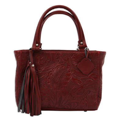 Handcrafted Russet Floral Motif Embossed Leather Handbag