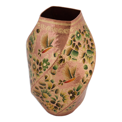 Hummingbird Motif Gold Accented Copper Vase from Mexico