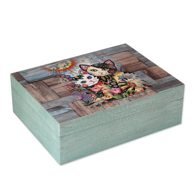 Cat-Themed Decoupage Wood Decorative Box from Mexico