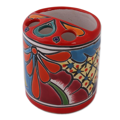 Round Talavera-Style Ceramic Toothbrush Holder from Mexico