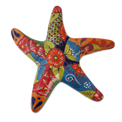 Hand-Painted Talavera-Style Ceramic Starfish Wall Sculpture