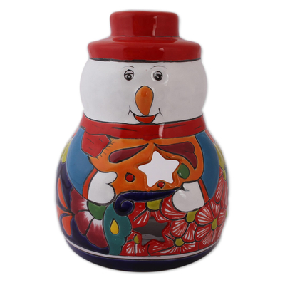 Snowman Talavera Ceramic Candle Holder from Mexico