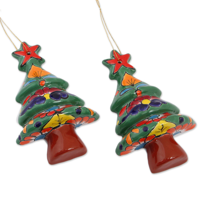 Floral Ceramic Christmas Tree Ornaments from Mexico (Pair)