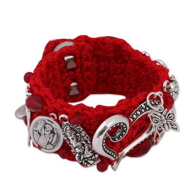 Glass Beaded Charm Bracelet in Crimson from Mexico