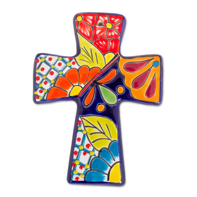 Talavera-Style Ceramic Wall Cross from Mexico