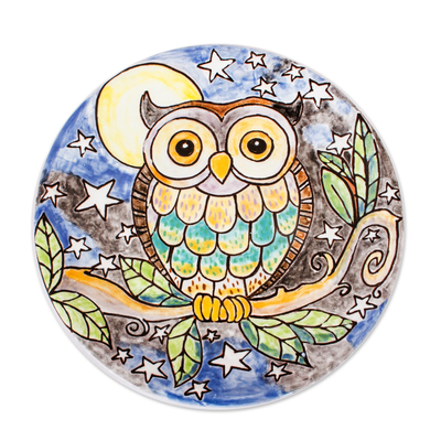Owl Under Night Sky Colorful Ceramic Decorative Plate
